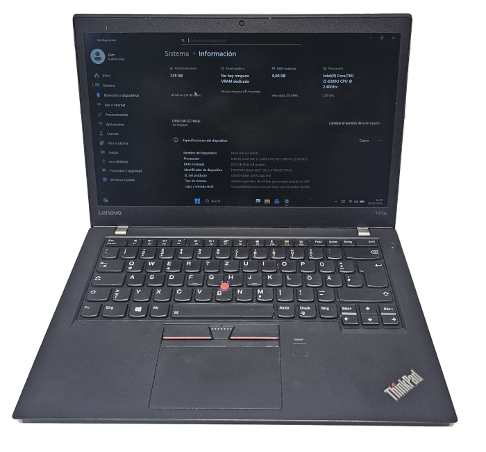 Lenovo ThinkPad T470s 14" táctil i5-6300U 8GB SSD240GB – Rápido, ligero y perfecto para trabajar
