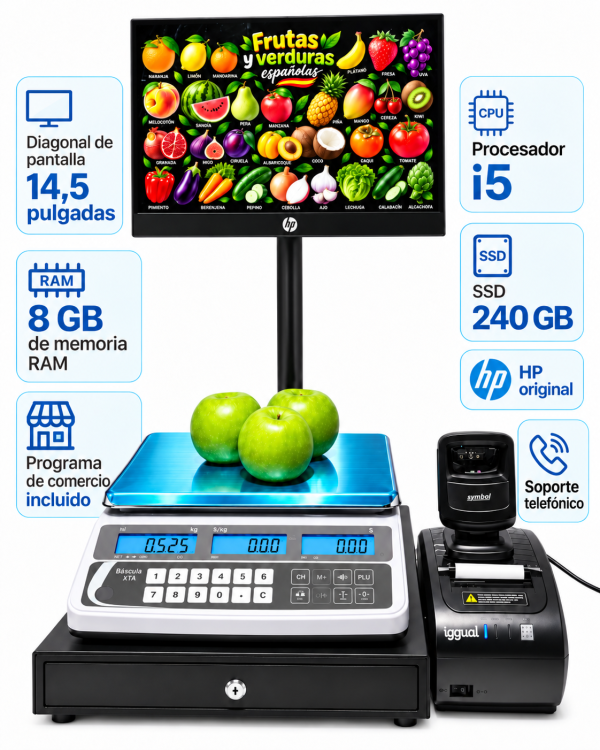 Pack Todo en Uno TPV táctil Doble de HP i5 con Balanza Baxtran con Software lic. Permanente, Soporte de 1año y VeriFactu